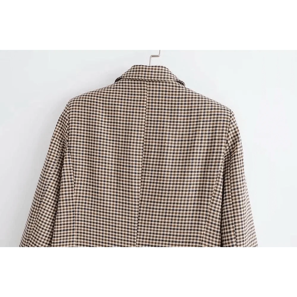 Stevvex women's plaid double-breasted blazer coat back view in beige and black houndstooth on Tampa Home & Garden Store