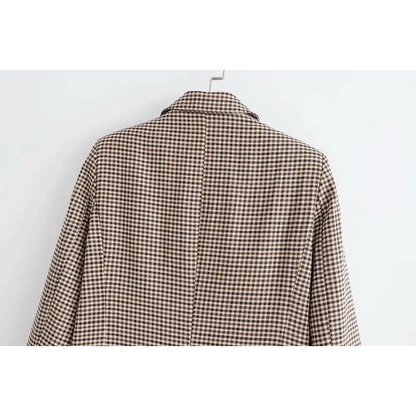 Stevvex women's plaid double-breasted blazer coat back view in beige and black houndstooth on Tampa Home & Garden Store