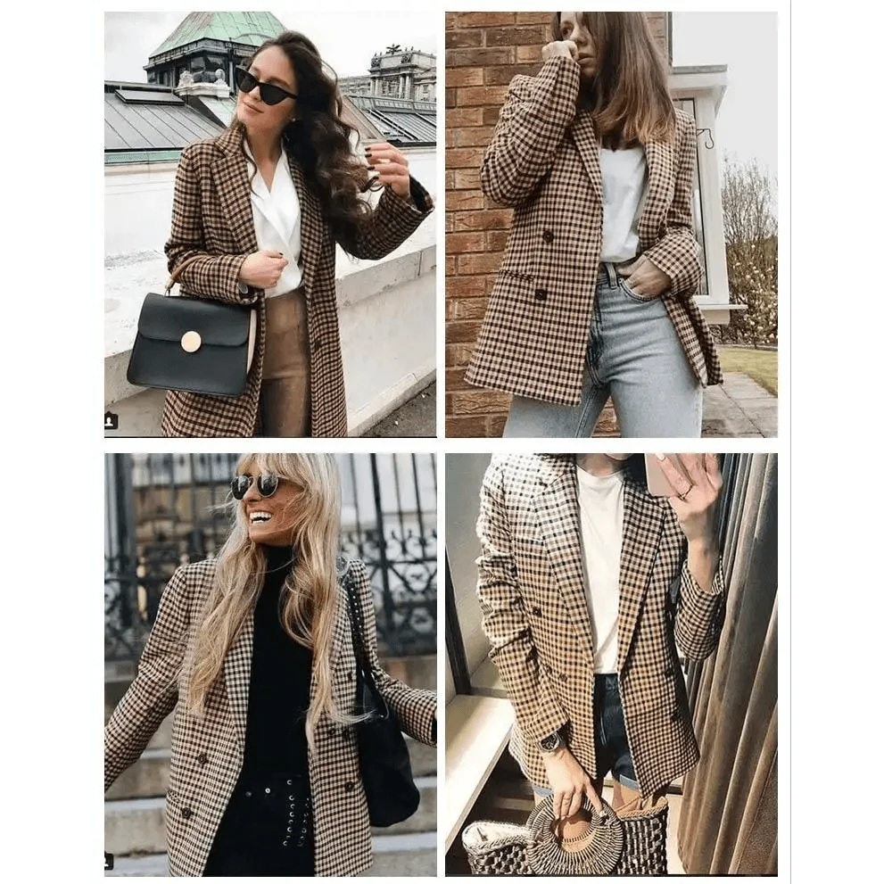 Stevvex beige plaid double-breasted blazer coat with pockets four looks on Tampa Home & Garden Store