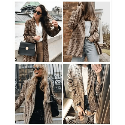Stevvex beige plaid double-breasted blazer coat with pockets four looks on Tampa Home & Garden Store