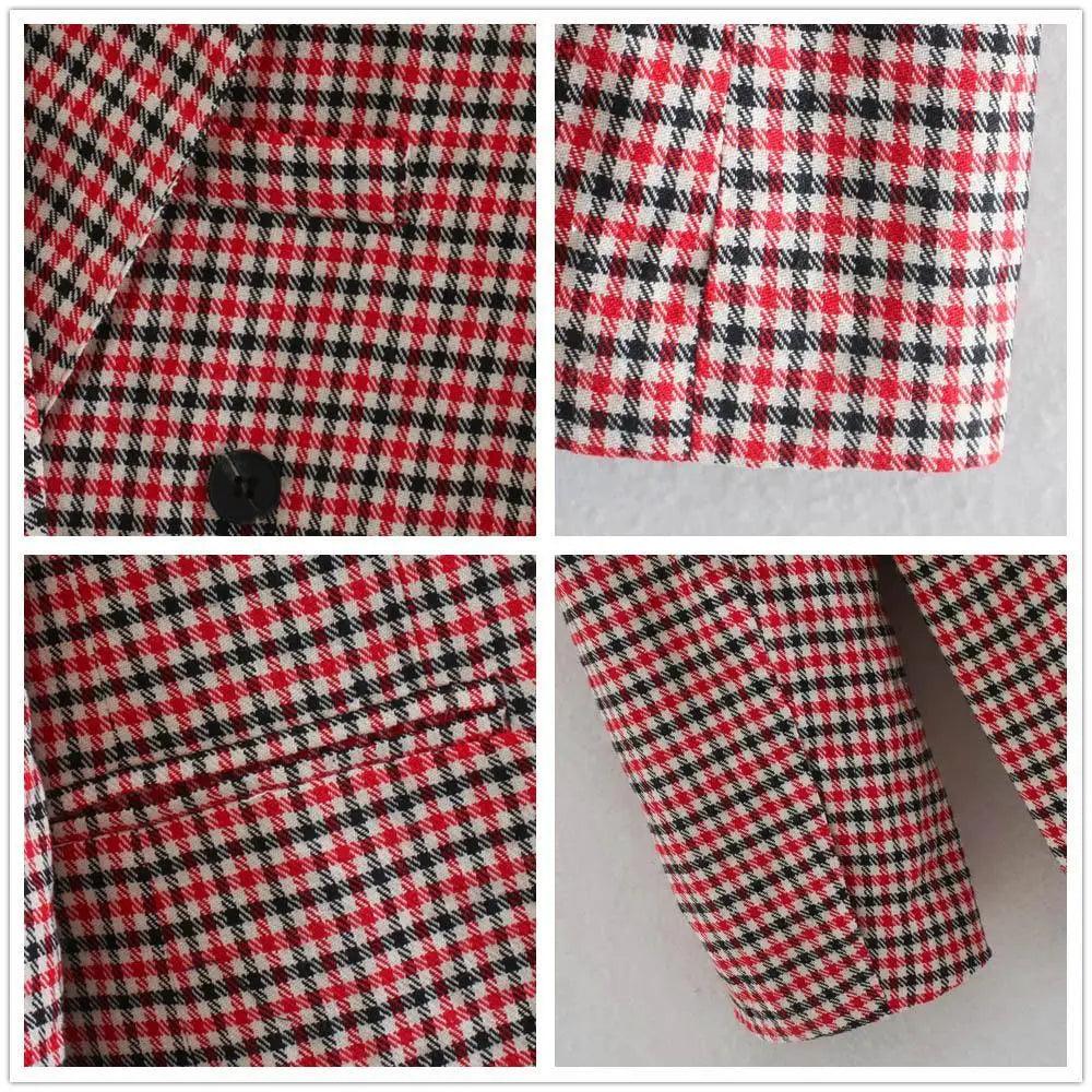Stevvex women's red plaid double-breasted blazer coat with pockets and long sleeves on Tampa Home & Garden Store