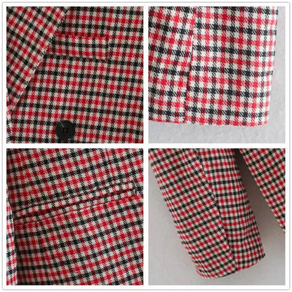 Stevvex women's red plaid double-breasted blazer coat with pockets and long sleeves on Tampa Home & Garden Store