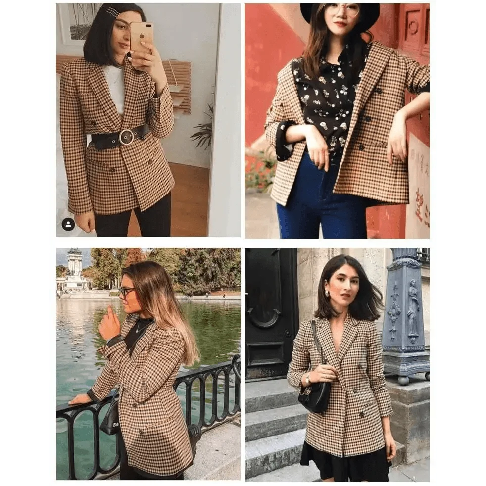 Women's double-breasted plaid blazer, beige check, long sleeves, pockets, Stevvex ST93314RST on Tampa Home & Garden Store