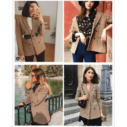 Women's double-breasted plaid blazer, beige check, long sleeves, pockets, Stevvex ST93314RST on Tampa Home & Garden Store