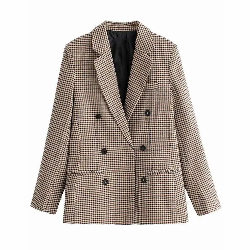 Double-breasted plaid blazer coat by Stevvex, beige-brown check with pockets on Tampa Home & Garden Store