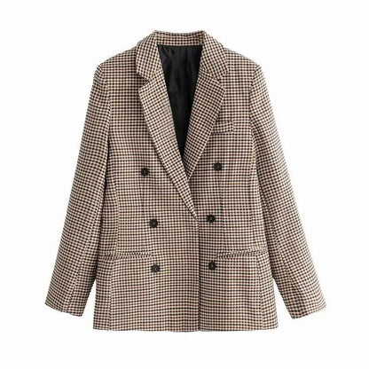 Double-breasted plaid blazer coat by Stevvex, beige-brown check with pockets on Tampa Home & Garden Store