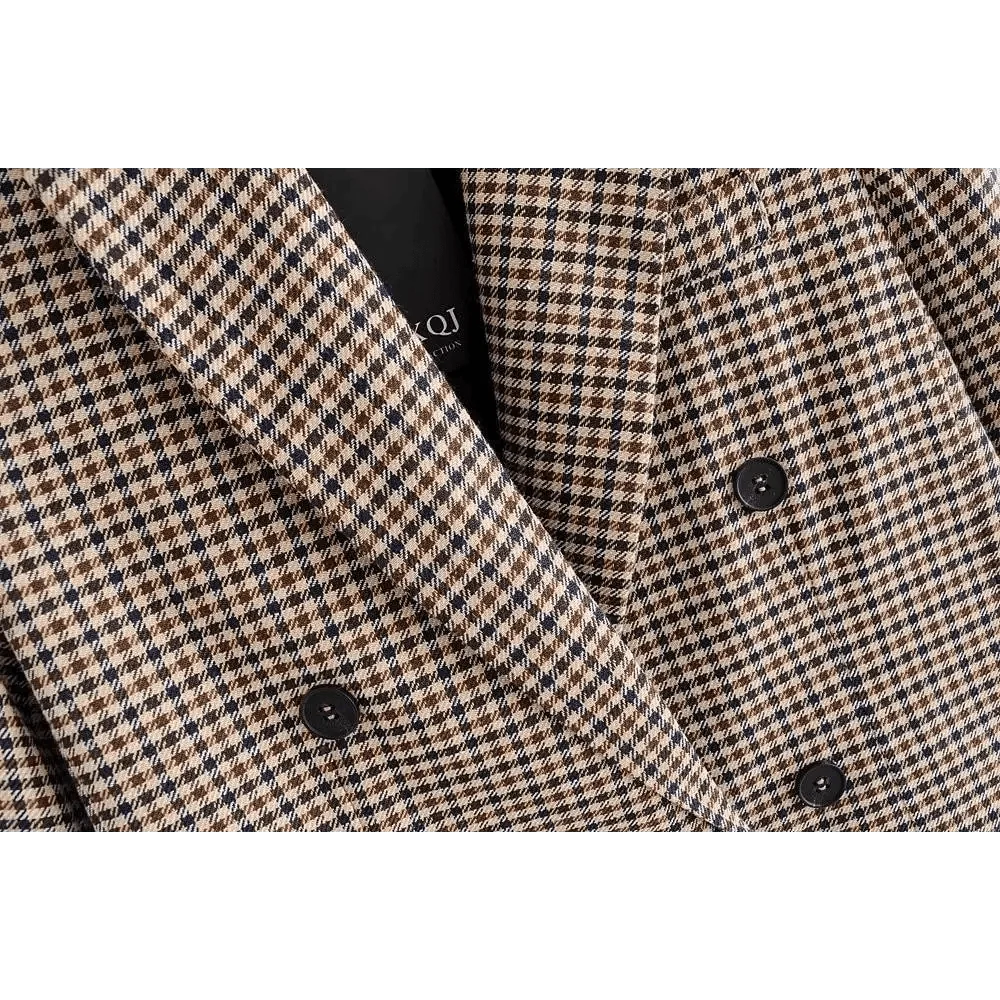 Stevvex plaid double-breasted blazer coat in beige brown check with black buttons on Tampa Home & Garden Store