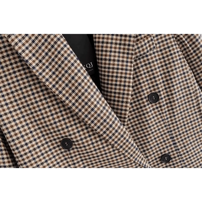 Stevvex plaid double-breasted blazer coat in beige brown check with black buttons on Tampa Home & Garden Store