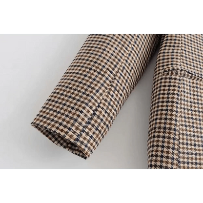 Stevvex women's plaid double-breasted blazer sleeve in beige brown fabric on Tampa Home & Garden Store