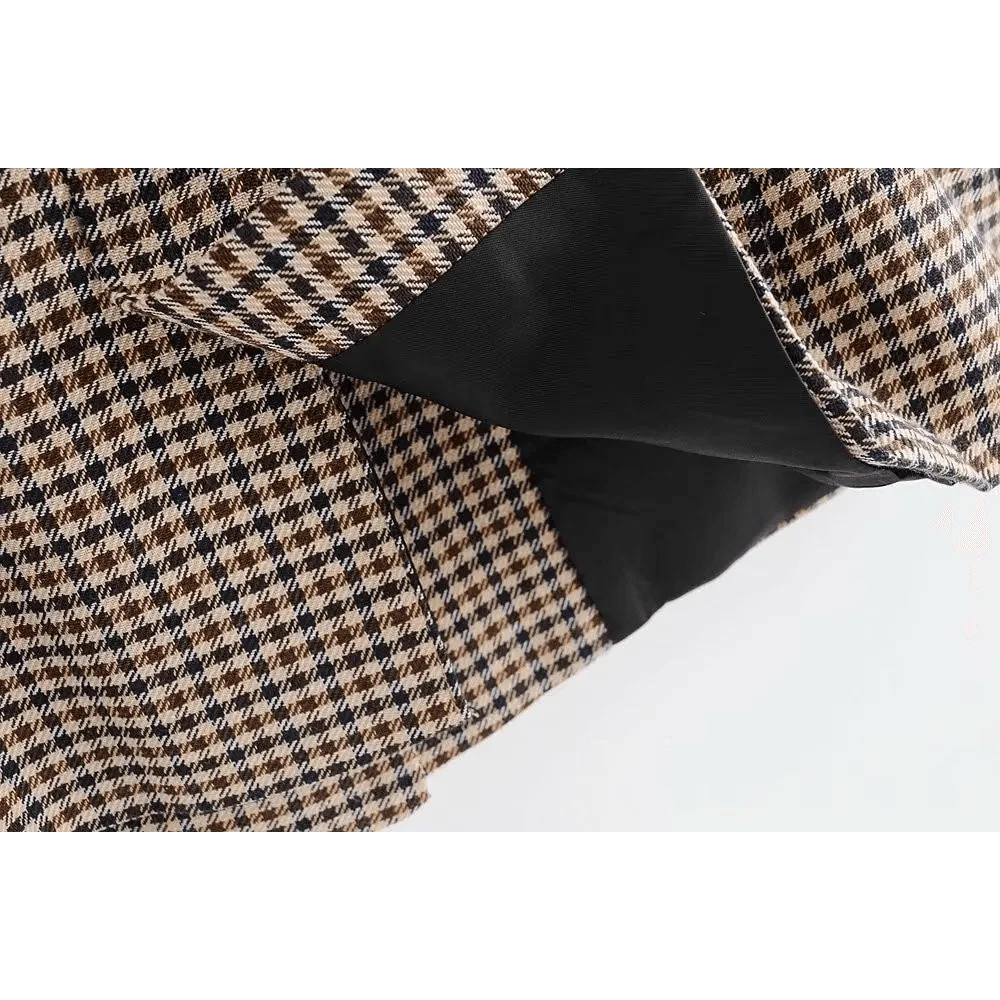 Stevvex women's double-breasted plaid blazer coat in brown houndstooth with black lining on Tampa Home & Garden Store