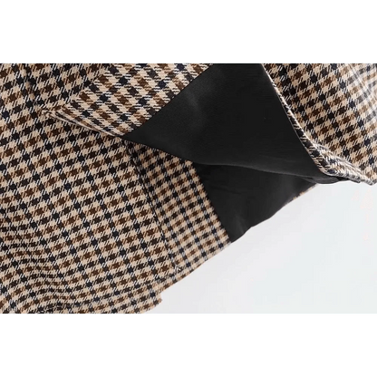 Stevvex women's double-breasted plaid blazer coat in brown houndstooth with black lining on Tampa Home & Garden Store