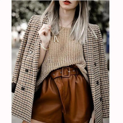 Stevvex women's plaid blazer coat in beige check with knit top and brown leather shorts on Tampa Home & Garden Store
