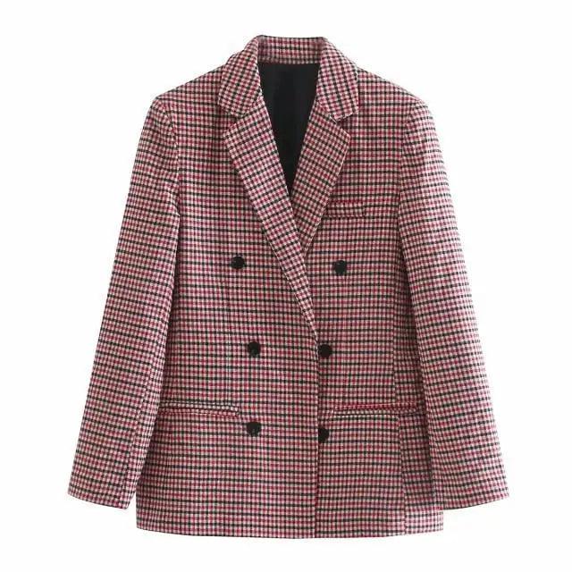 Stevvex women's double-breasted plaid blazer coat with pockets, pink/red check, long sleeves on Tampa Home & Garden Store