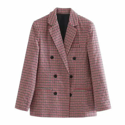 Stevvex women's double-breasted plaid blazer coat with pockets, pink/red check, long sleeves on Tampa Home & Garden Store