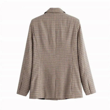 Women's plaid blazer coat back view in beige brown check Stevvex on Tampa Home & Garden Store