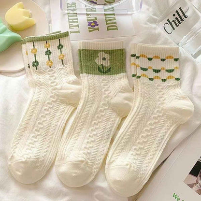 Shaketea women's floral cotton crew socks white with green yellow cuff patterns 3-pair set on Tampa Home & Garden Store