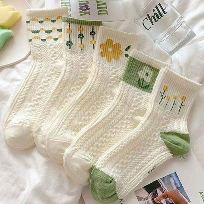 Women's Floral Cotton Socks 5 Shaketea Crew Socks white with green-yellow floral accents on Tampa Home & Garden Store