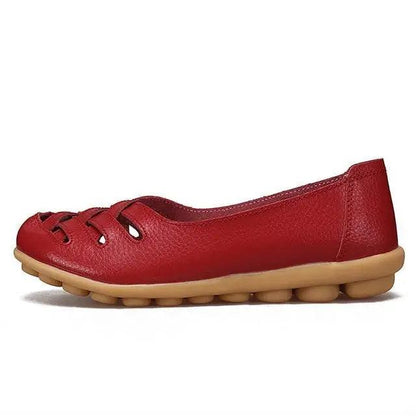 Women's red genuine leather flats sandals with tan non-slip bubble outsole on Tampa Home & Garden Store
