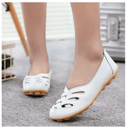 Stevvex women's genuine leather flats sandals white upper with cutouts and non-slip tan sole on Tampa Home & Garden Store