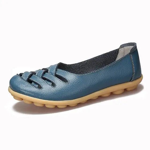 Women's Stevvex blue genuine leather flats sandal with lace-up front and cushioned beige outsole on Tampa Home & Garden Store