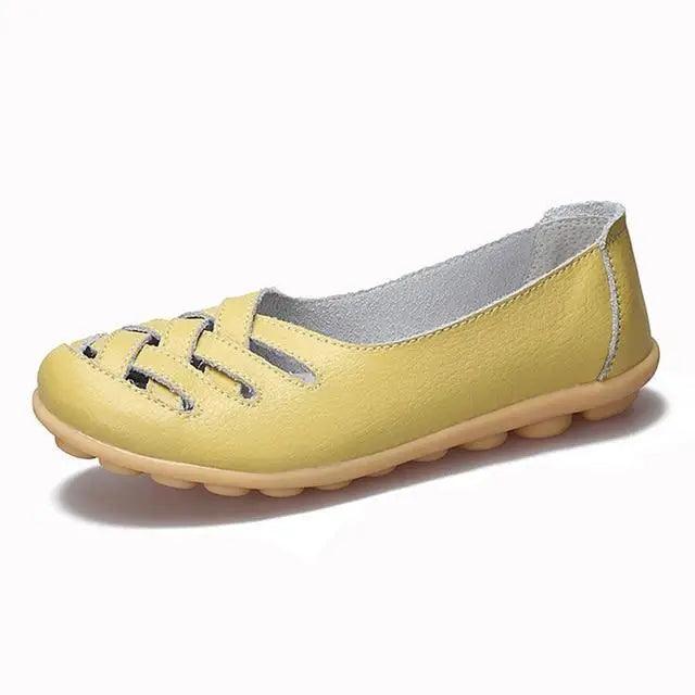 Women's Genuine Leather Flats Sandals Stevvex yellow with laced toe design, non-slip sole on Tampa Home & Garden Store
