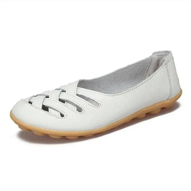 Women's genuine leather sandals Stevvex white with woven front straps and tan sole on Tampa Home & Garden Store