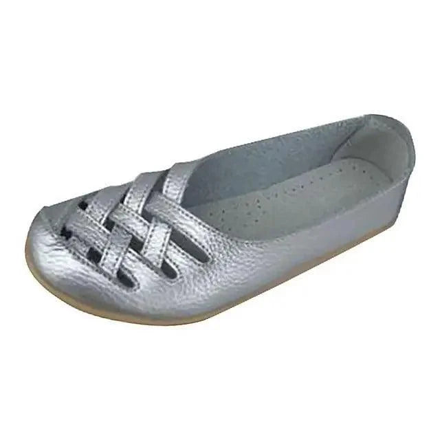 Stevvex women's genuine leather flats sandal silver metallic with woven straps non-slip on Tampa Home & Garden Store