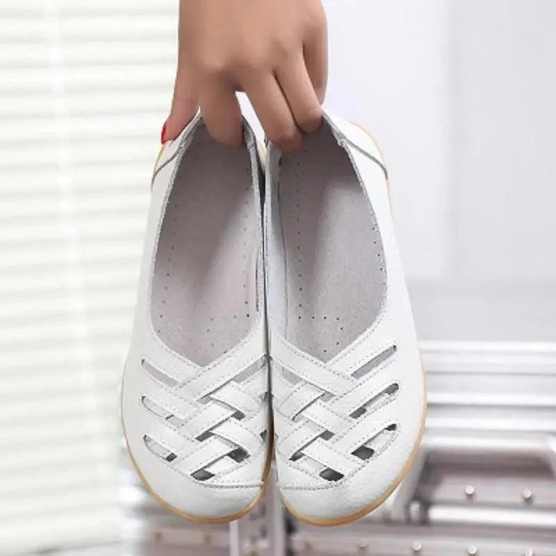 Women's white genuine leather flat sandals with woven toe straps and non-slip sole on Tampa Home & Garden Store