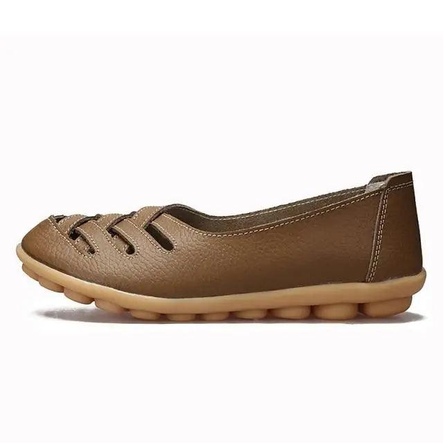 Women's Stevvex brown genuine leather flats sandals with tan non-slip sole on Tampa Home & Garden Store