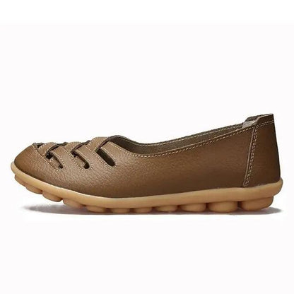Women's Stevvex brown genuine leather flats sandals with tan non-slip sole on Tampa Home & Garden Store