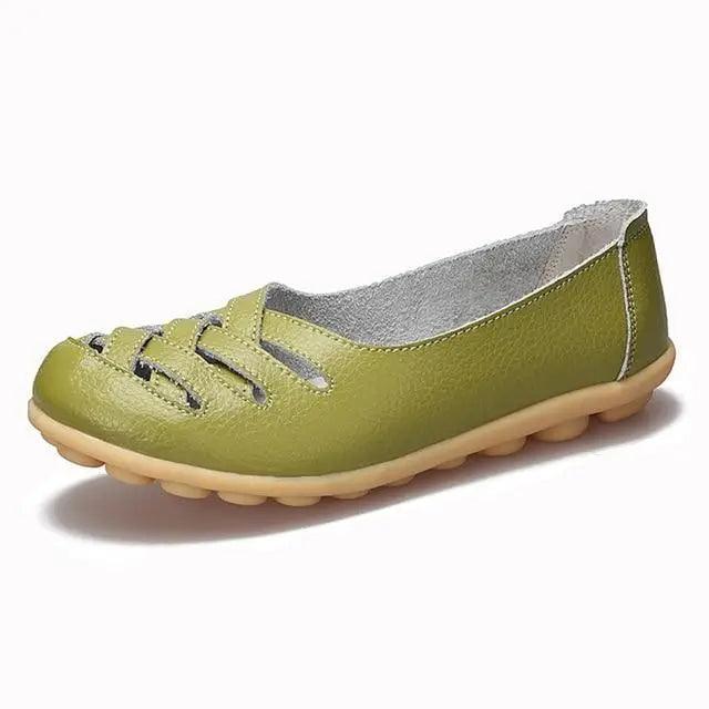 Women's genuine leather flat sandals Stevvex olive green, non-slip soft sole on Tampa Home & Garden Store