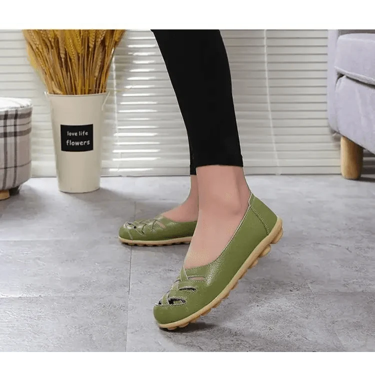 Stevvex women's genuine leather flats sandals in olive green with non-slip sole on Tampa Home & Garden Store