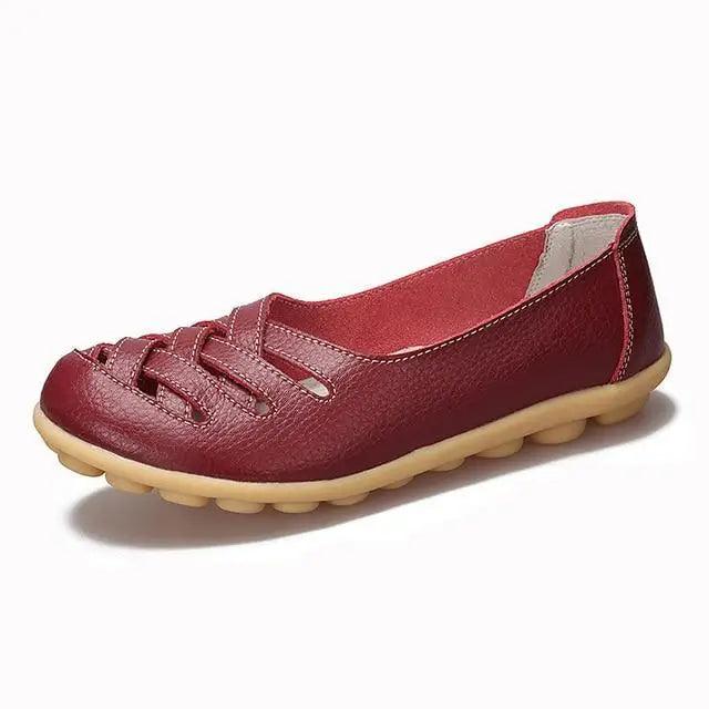 Women's leather flat sandals Stevvex burgundy with woven toe straps and tan non-slip sole on Tampa Home & Garden Store