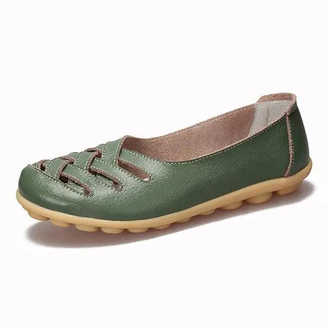 Stevvex women's green genuine leather flats sandals with woven front straps, non-slip sole on Tampa Home & Garden Store