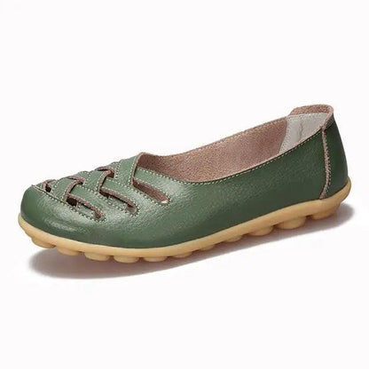 Stevvex women's green genuine leather flats sandals with woven front straps, non-slip sole on Tampa Home & Garden Store