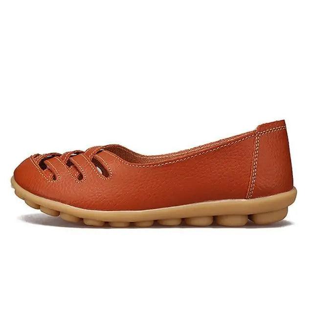 Stevvex leather flats sandals ST45642LOF orange-brown with lace front and non-slip sole on Tampa Home & Garden Store