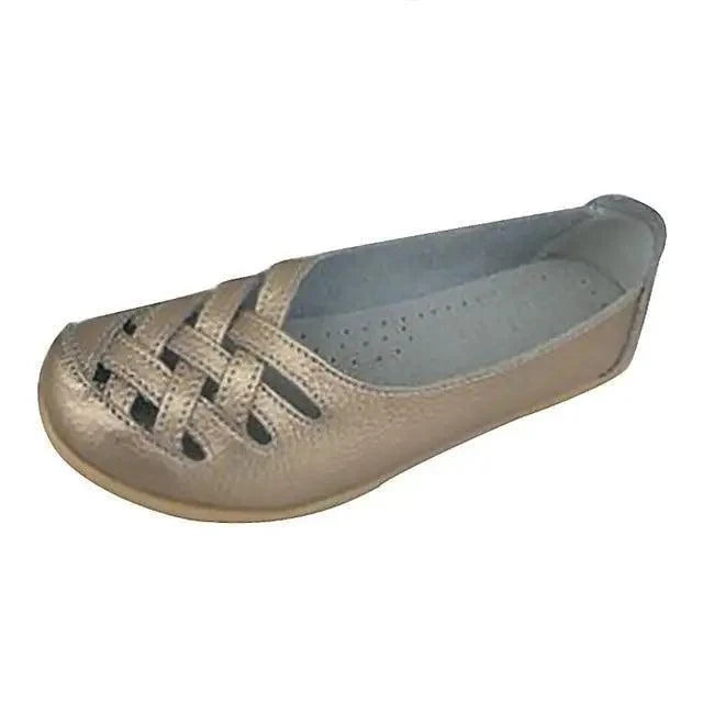Women's Stevvex genuine leather flat sandal beige with woven straps and non-slip sole on Tampa Home & Garden Store