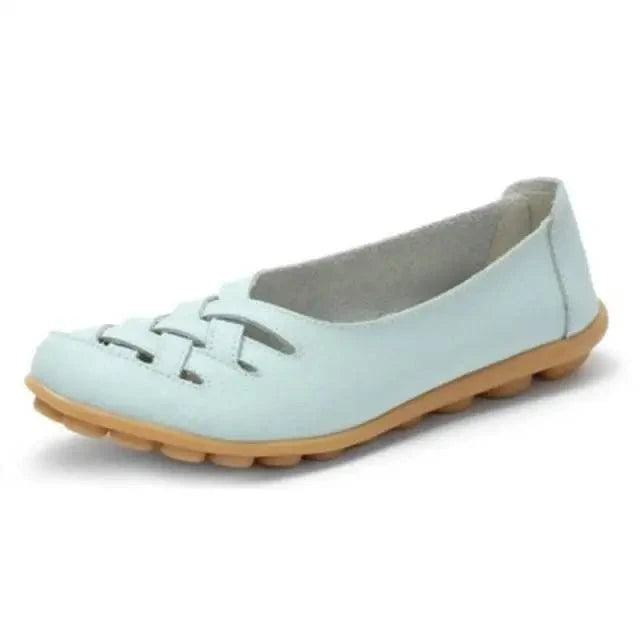 Stevvex Women's leather flats sandals light blue upper with woven straps non-slip tan sole on Tampa Home & Garden Store