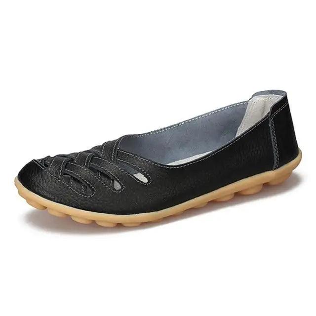 Stevvex women's genuine leather flats sandals black with straps and tan non-slip sole on Tampa Home & Garden Store