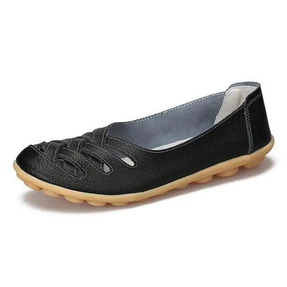 Stevvex women's genuine leather flats sandals black with straps and tan non-slip sole on Tampa Home & Garden Store