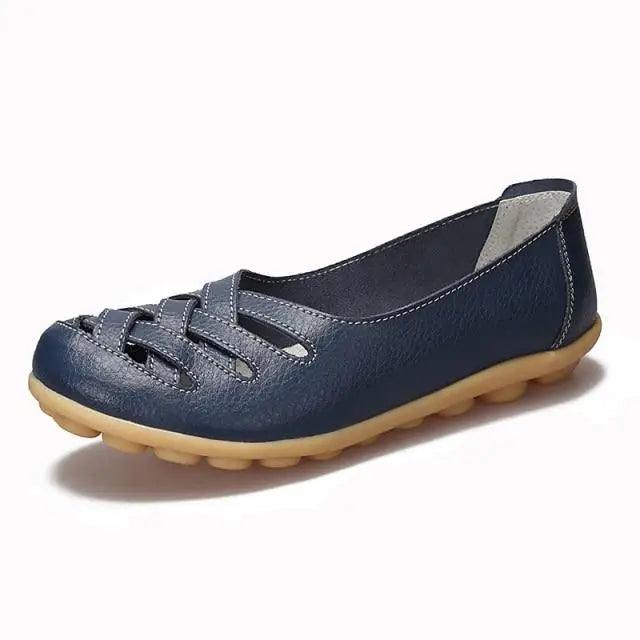 Women's blue genuine leather flats sandals by Stevvex with woven straps and non-slip sole on Tampa Home & Garden Store