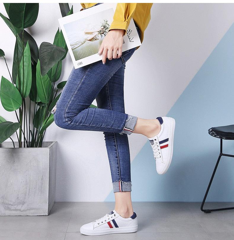 Women's White Genuine Leather Sneakers Stevvex with red navy side stripes vulcanized casual on Tampa Home & Garden Store