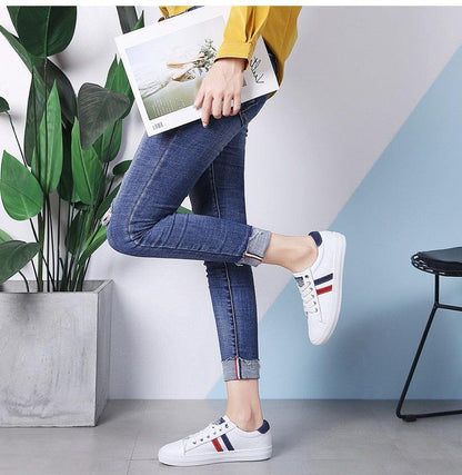 Women's White Genuine Leather Sneakers Stevvex with red navy side stripes vulcanized casual on Tampa Home & Garden Store