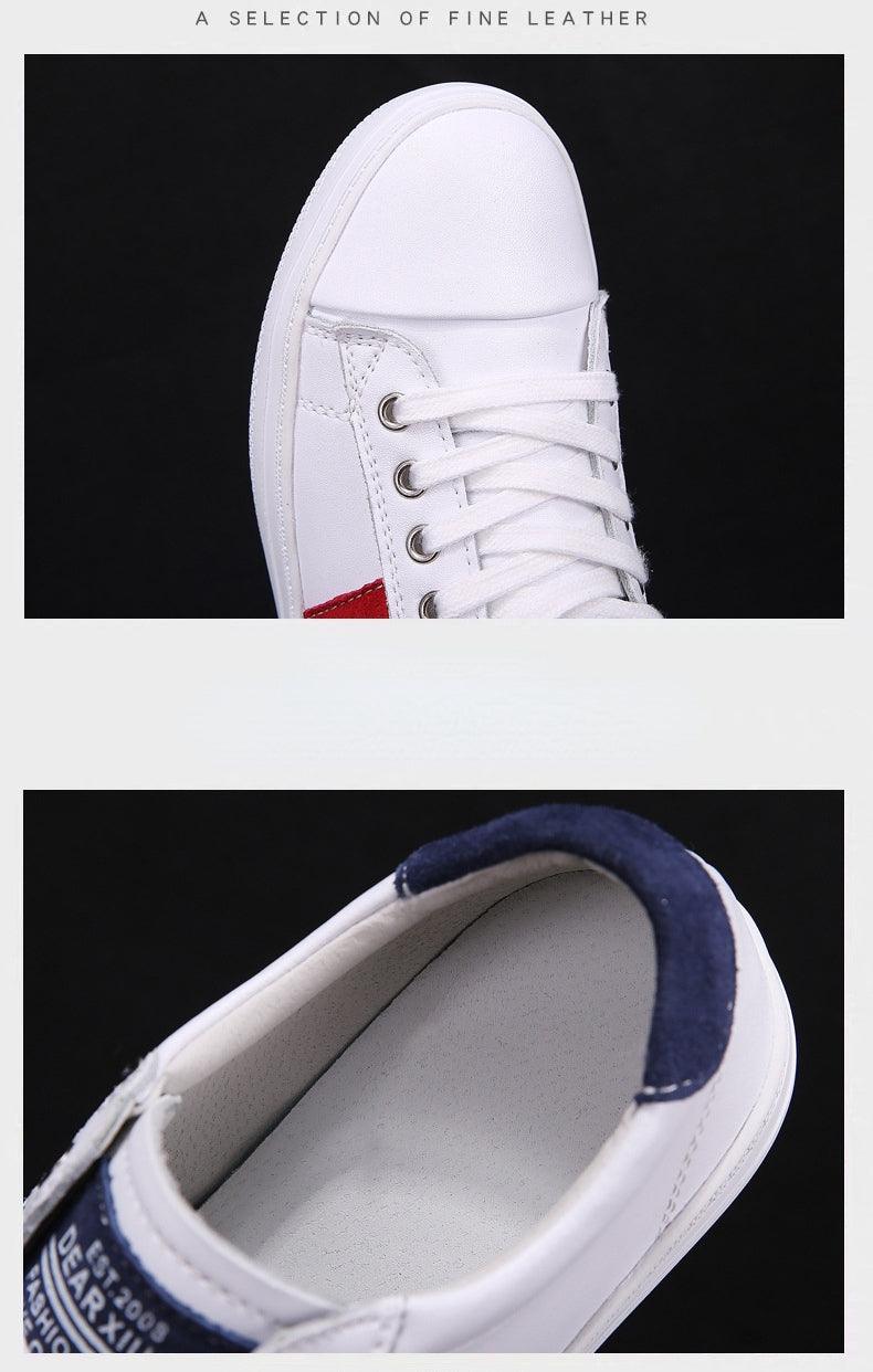 Stevvex women's white genuine leather sneakers with white laces and navy heel collar on Tampa Home & Garden Store