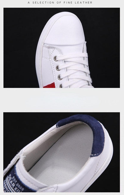 Stevvex women's white genuine leather sneakers with white laces and navy heel collar on Tampa Home & Garden Store