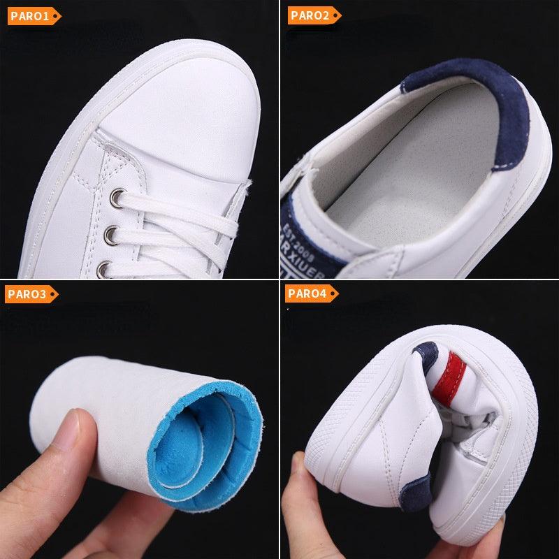 Women's white leather sneakers by Stevvex, four-view collage with laces and blue inner collar on Tampa Home & Garden Store