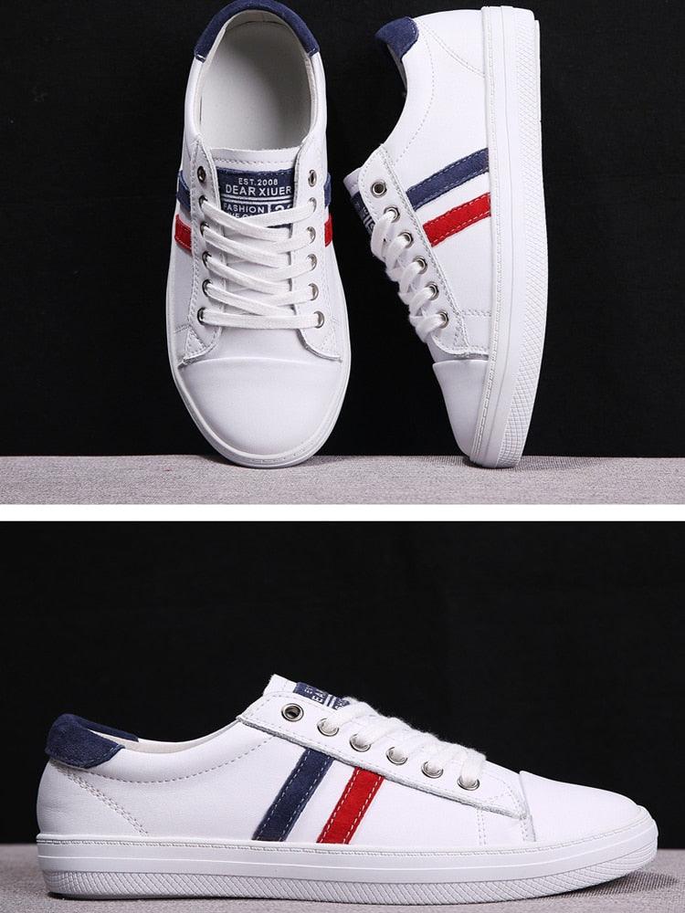 Women's white leather sneakers with red and blue side stripes by Stevvex on Tampa Home & Garden Store