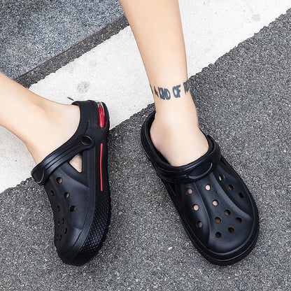 Stevvex black perforated slip-on garden clogs with heel strap unisex casual slippers on Tampa Home & Garden Store