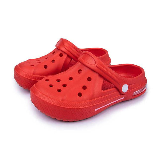 Red rubber Stevvex garden clogs with upper and back strap, pair for pool and yard on Tampa Home & Garden Store