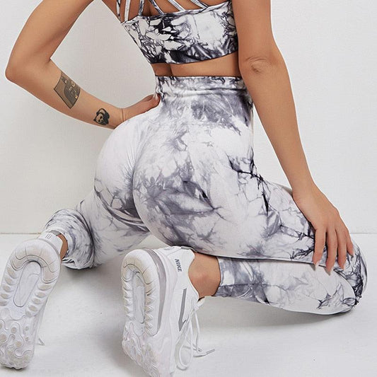 Stevvex women's high-waisted seamless lifting leggings in gray tie-dye for gym workouts on Tampa Home & Garden Store